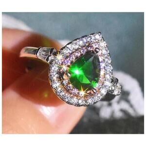 Green and pink double halo ring - silver - CZs size 8